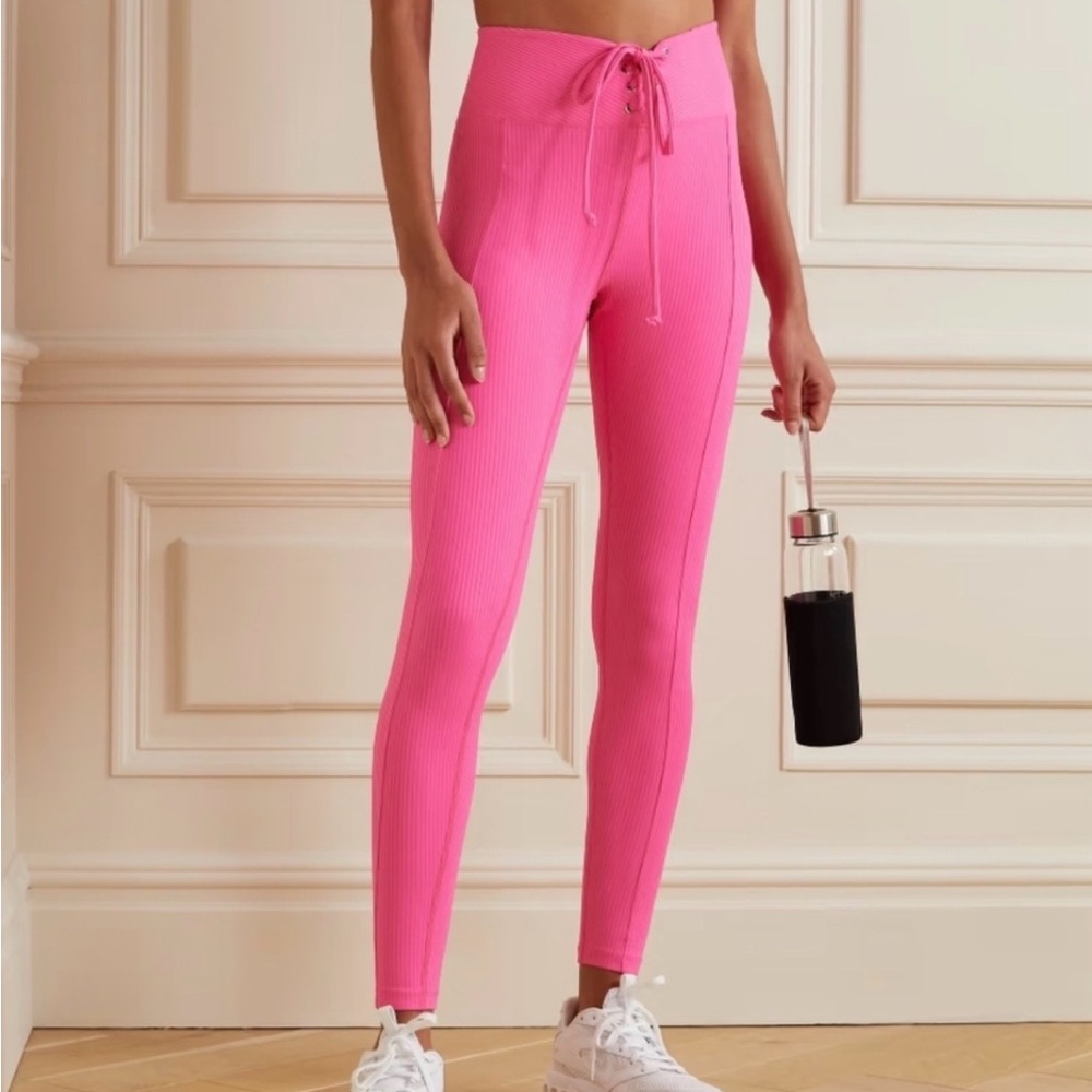 Year of Ours Hot Pink Ribbed High-Waist "football" tie-up leggings